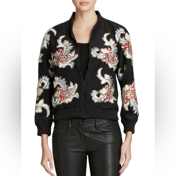Alice + Olivia Jackets & Blazers - Alice + Olivia Silk Bomber Jacket Black Floral Print Beaded & Embroidered Small​